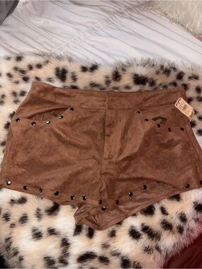 Brown Suede Studded Women's Micro Shorts